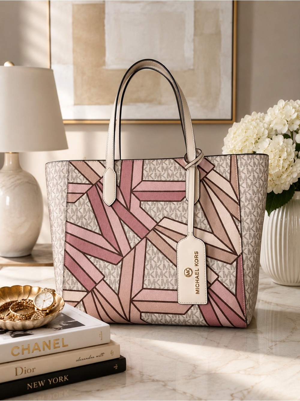 Michael Kors Pink and Cream Geometric Logo Tote